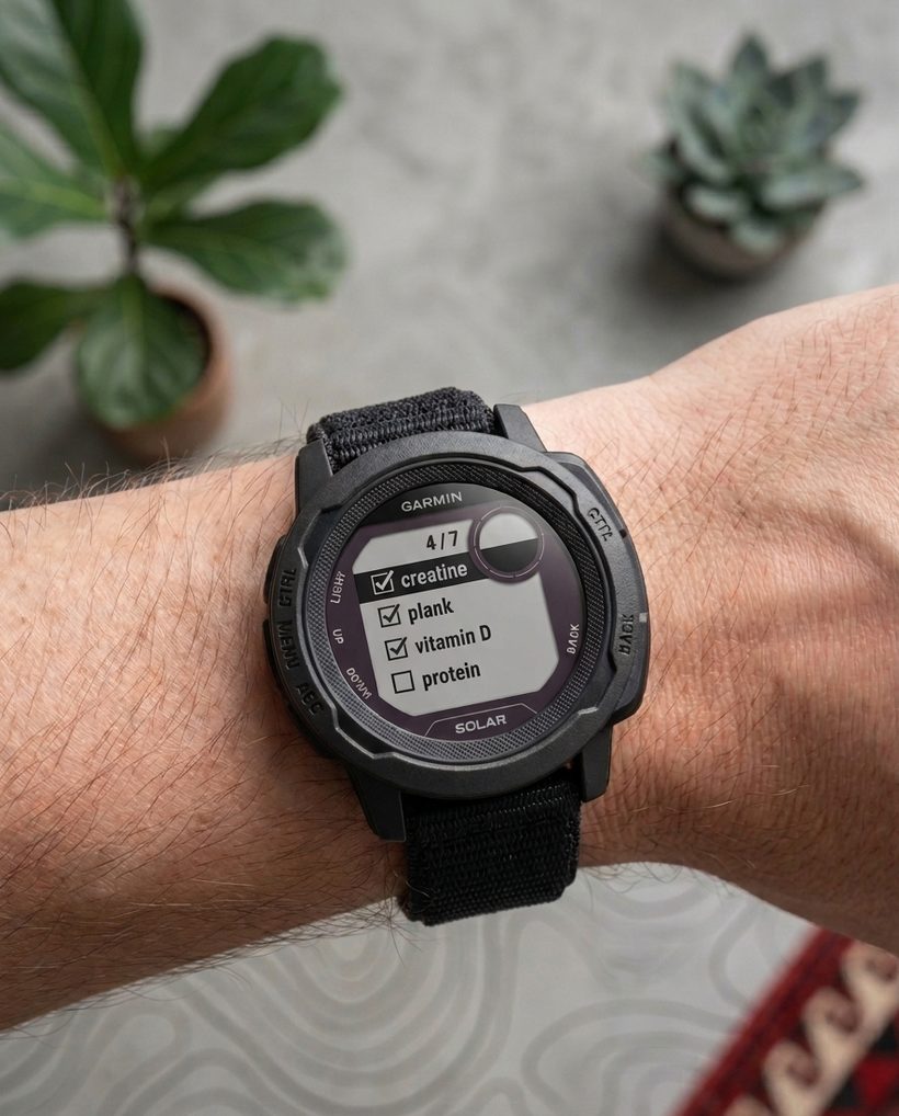 Gtick habit checklist on a Garmin Instinct watch showing creatine, plank, and vitamin D ticked off