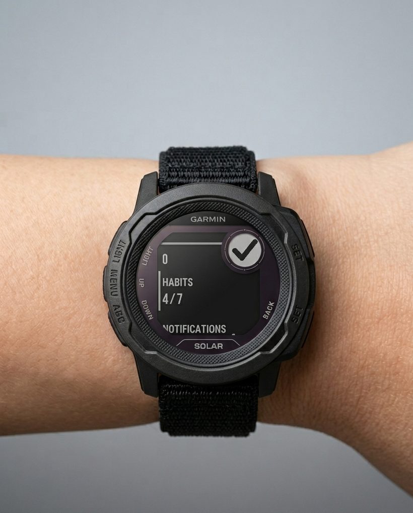 Gtick glance on a Garmin Instinct watch showing 4 of 7 habits done today
